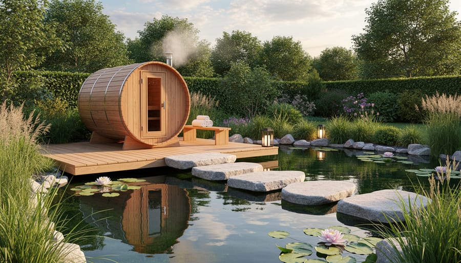Backyard pond with koi fish near wooden barrel sauna on stone patio
