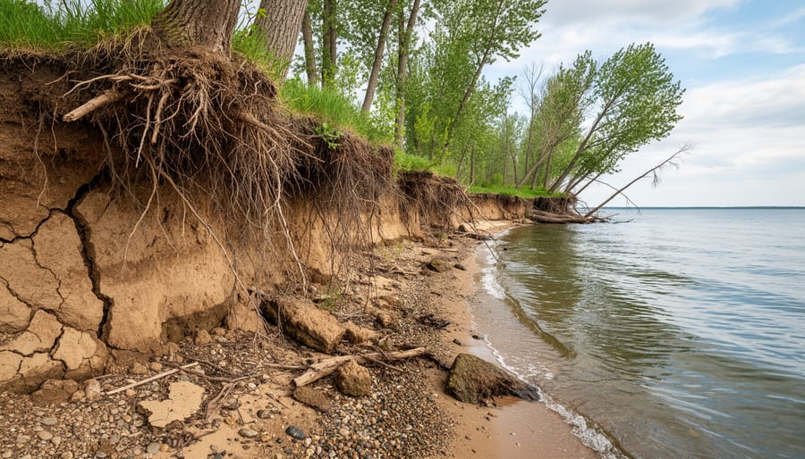 Eroded pond bank showing exposed tree roots and soil washing into water