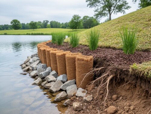 Eye-level wide photo of a pond shoreline with a crumbling bank and exposed roots, coir logs and riprap along the waterline, and newly planted native grasses and rushes on a gentle slope, with calm water and trees in the background.