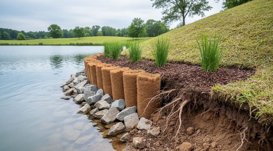 Eye-level wide photo of a pond shoreline with a crumbling bank and exposed roots, coir logs and riprap along the waterline, and newly planted native grasses and rushes on a gentle slope, with calm water and trees in the background.