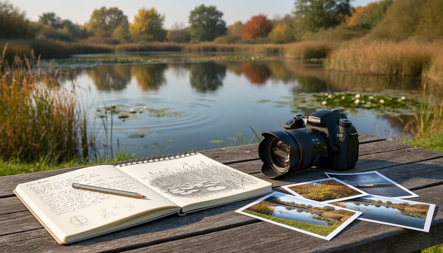 Nature journal with pond sketches and pressed plants beside water garden