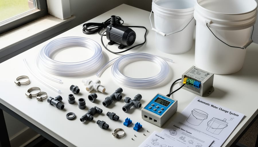 Overhead view of plumbing supplies and components for pond automation system