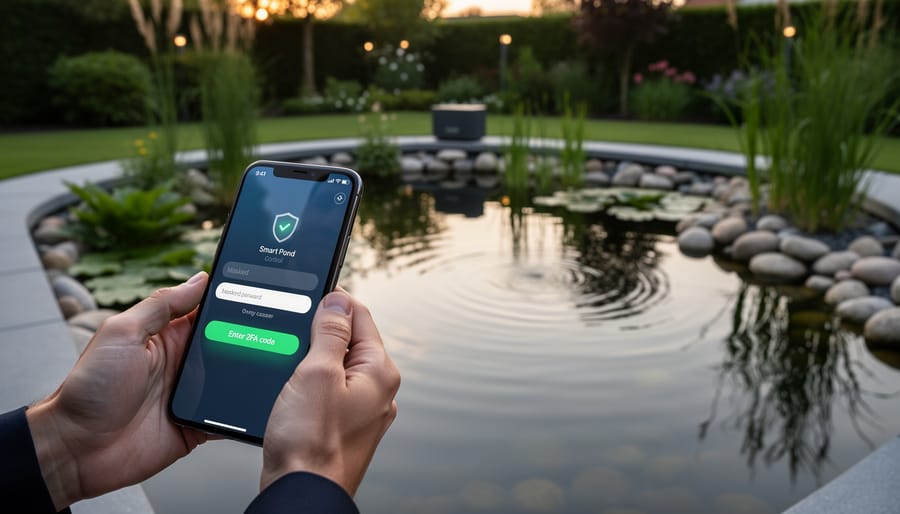 Person updating security settings on smartphone near garden pond