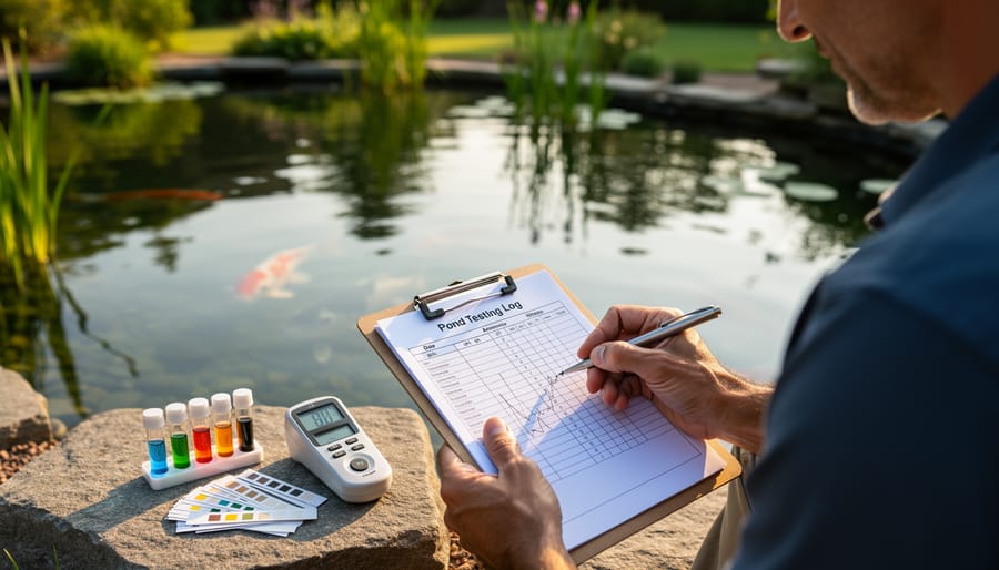 Water testing log notebook with test kit supplies on table