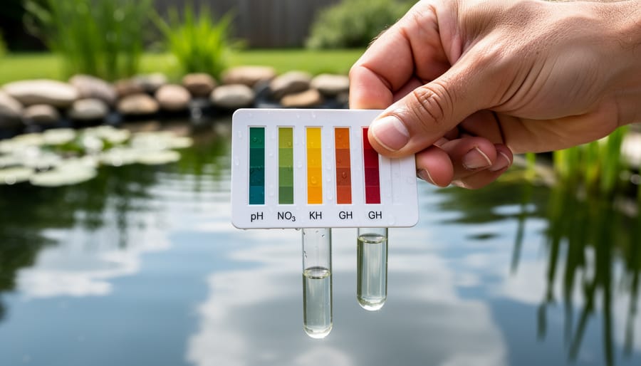 Person holding water test strip next to color comparison chart