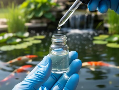 Close-up of a hand holding a clear vial of pond water next to a liquid test dropper at a backyard koi pond, with koi fish, lily pads, and a small waterfall softly blurred in the background under natural morning light.