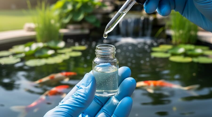 Close-up of a hand holding a clear vial of pond water next to a liquid test dropper at a backyard koi pond, with koi fish, lily pads, and a small waterfall softly blurred in the background under natural morning light.