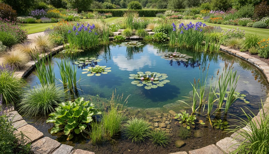Cross-section view of pond showing multiple depth zones from shallow edge to deep water