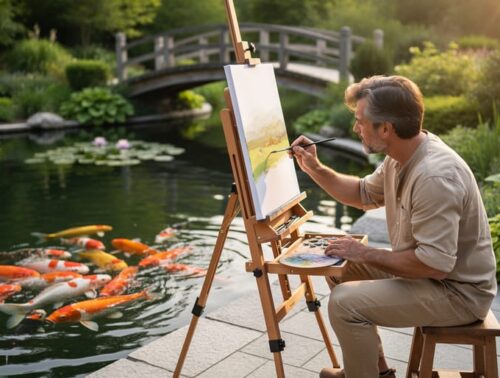 Artist painting at an outdoor easel on stone pavers next to a koi pond, early morning golden light highlighting colorful koi and ripples, watercolor palette and brushes nearby, lush garden and small footbridge in soft focus.