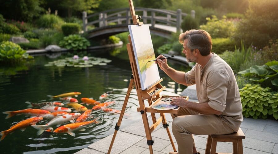 Artist painting at an outdoor easel on stone pavers next to a koi pond, early morning golden light highlighting colorful koi and ripples, watercolor palette and brushes nearby, lush garden and small footbridge in soft focus.
