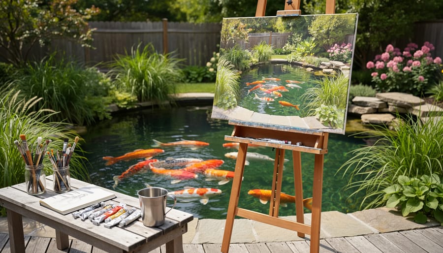 Artist painting at easel beside koi pond with colorful fish swimming in background