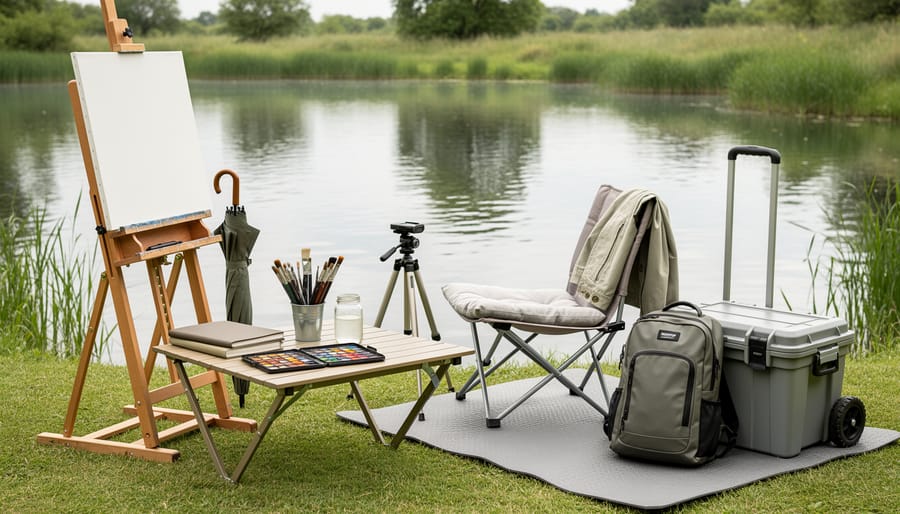 Overhead view of art supplies and watercolor materials organized on table beside koi pond