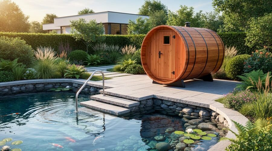 Cedar barrel sauna on stone patio beside a clear backyard pond with stone steps and a stainless handrail for cold plunging, connected by non-slip paver pathway and surrounded by lush greenery at golden hour.