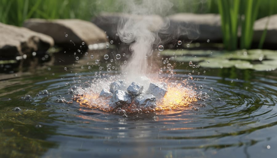 Potassium metal reacting with water showing hydrogen gas bubbles and flame