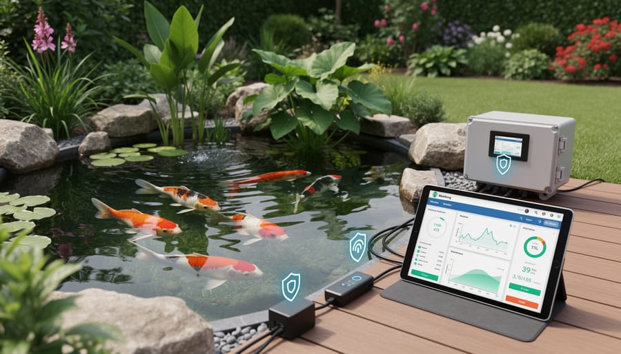 Healthy koi pond with clear water and thriving fish in well-maintained garden setting