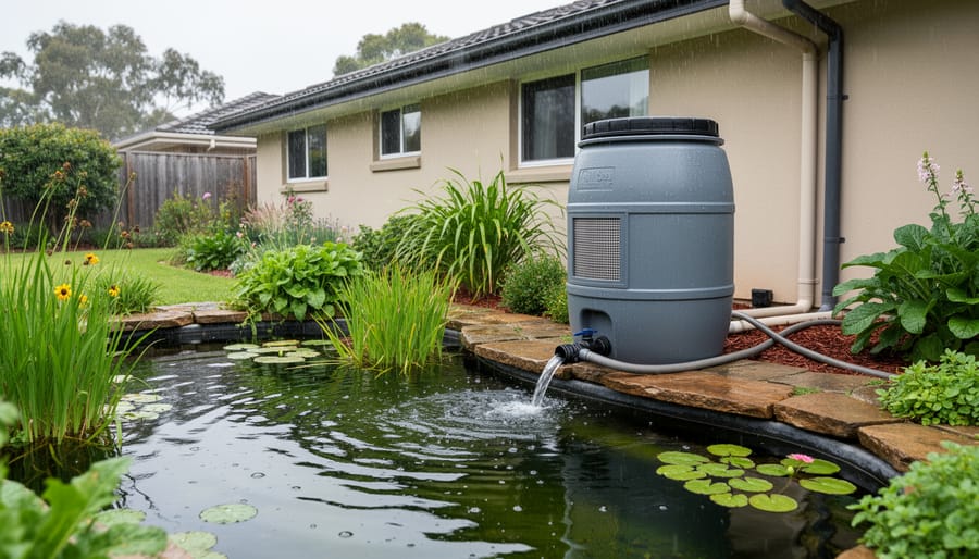 Rain barrel system collecting water from residential downspout for water garden use