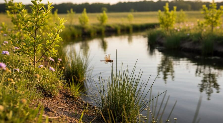 Native sedges, rushes, wildflowers, and young shrubs forming a dense riparian buffer along a small pond at golden hour, with a dragonfly perched on a reed and distant trees softly blurred.