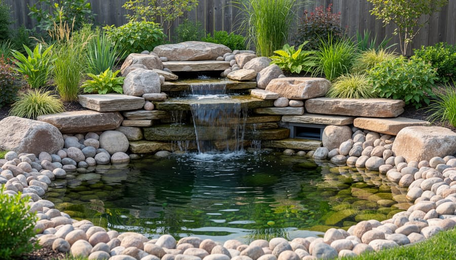 Natural boulder grotto arrangement concealing pond filtration equipment