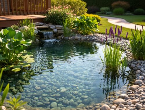 Clear backyard pond with water hyacinth and pickerelweed around a gravel biofilter, river stones visible under the water and a small return stream, lit by warm golden-hour sunlight with a soft-focus garden deck and shrubs in the background.