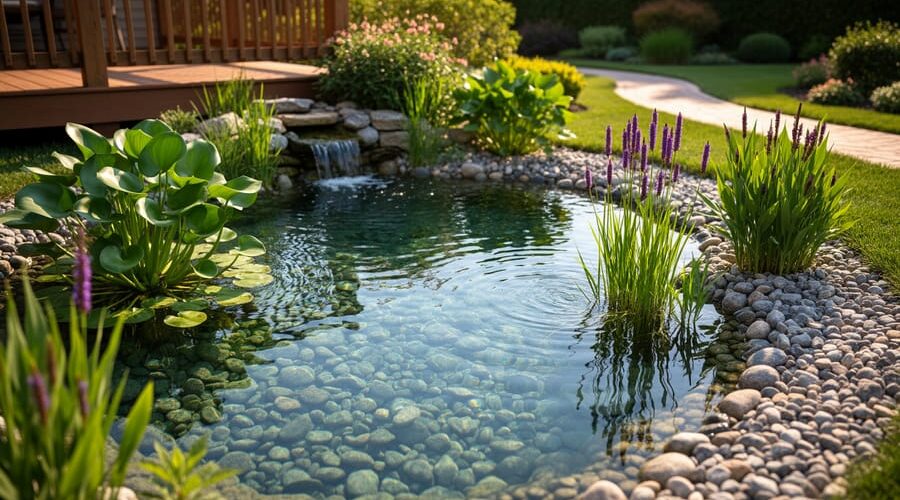 Clear backyard pond with water hyacinth and pickerelweed around a gravel biofilter, river stones visible under the water and a small return stream, lit by warm golden-hour sunlight with a soft-focus garden deck and shrubs in the background.