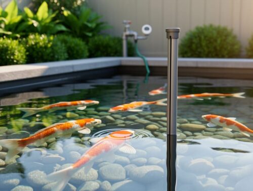 Clear backyard koi pond with overflow standpipe at the waterline and a thin drip line adding fresh water, koi swimming over smooth stones, with landscaped garden and an outdoor spigot with hose timer softly blurred in the background.