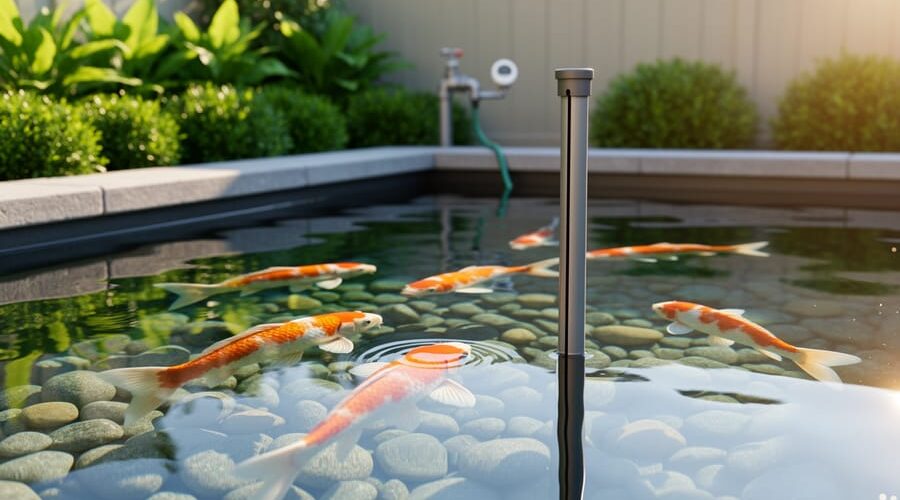Clear backyard koi pond with overflow standpipe at the waterline and a thin drip line adding fresh water, koi swimming over smooth stones, with landscaped garden and an outdoor spigot with hose timer softly blurred in the background.