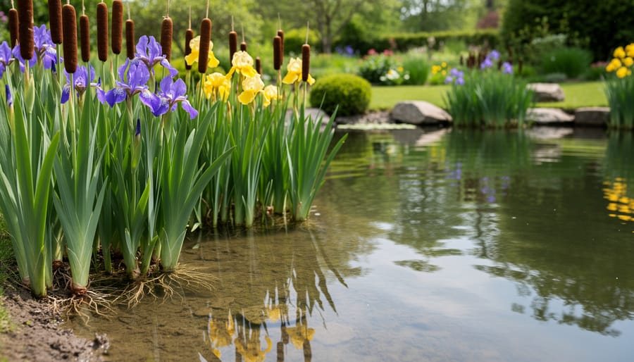 Iris and cattail plants growing in shallow marginal zone of pond with visible roots