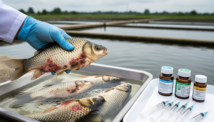Koi fish in backyard pond showing signs of illness with white patches and clamped fins