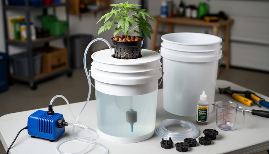 Overhead view of DIY Deep Water Culture system with bucket, net pot, and aquatic plant
