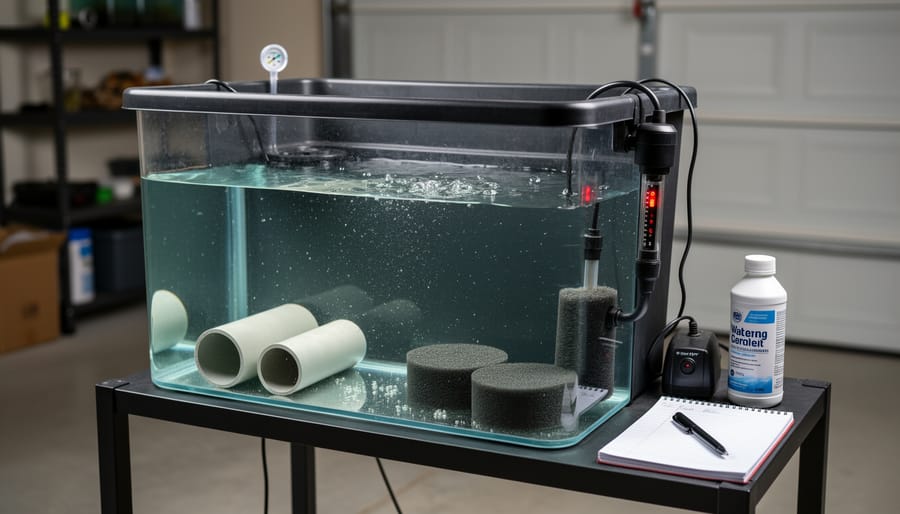 Basic quarantine tank setup using plastic stock tank on backyard deck