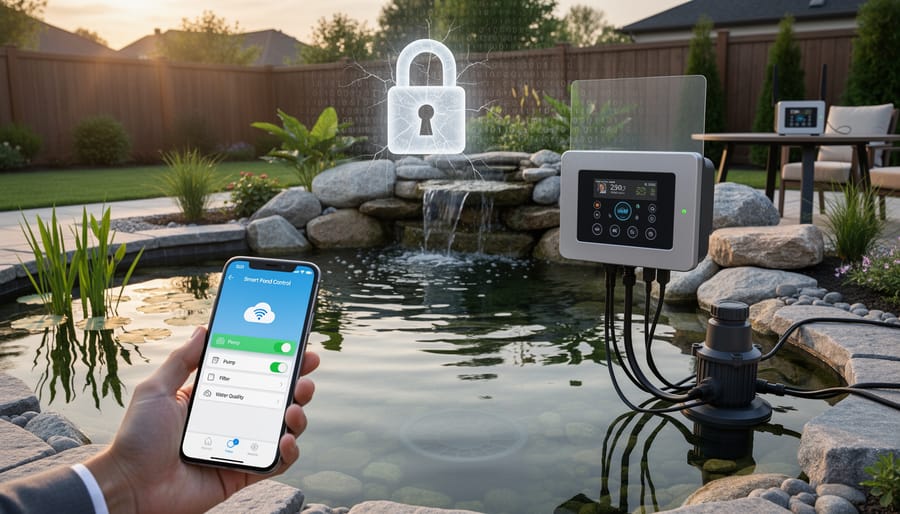 Smart pond controller device with LED lights mounted beside a garden pond