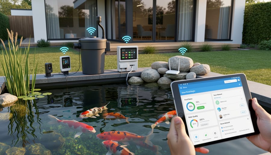 Smart pond equipment including WiFi pump and digital sensors monitoring water quality with koi fish