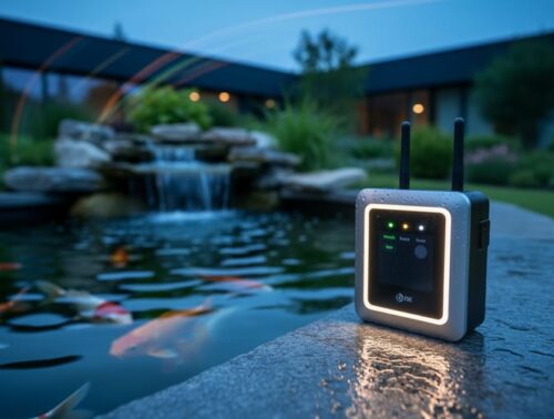 Weatherproof smart pond controller with antennas and glowing LEDs on a stone edge next to a backyard koi pond and small fountain at dusk, with cool blue lighting, blurred garden and house in the background, and faint bokeh light trails implying wireless connectivity.
