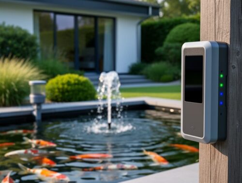 WiFi-enabled pond controller with glowing LEDs installed next to a backyard koi pond, with an automated feeder, small fountain, and garden plants softly blurred in the background.