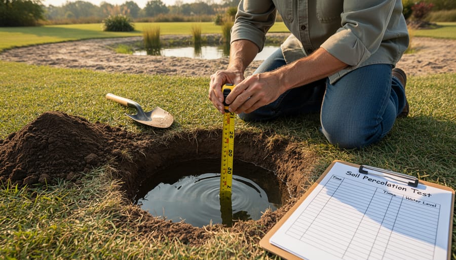 Person conducting percolation test in dug hole to assess soil drainage characteristics