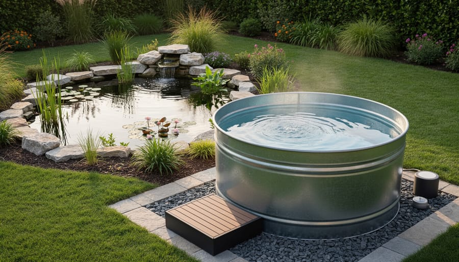Galvanized stock tank used as cold plunge pool surrounded by garden plants near pond
