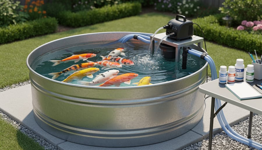 Stock tank quarantine setup with koi fish, filtration equipment, and clear water
