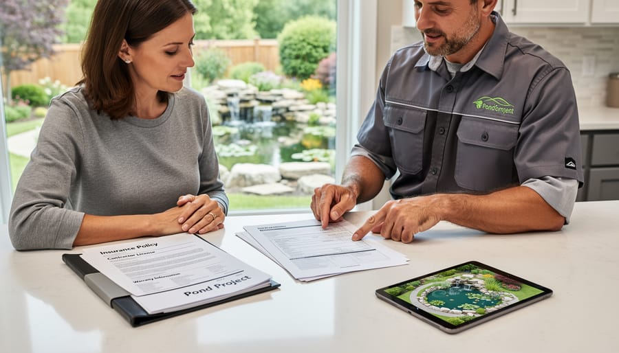 Contractor documents showing insurance certificate and business licenses for pond work