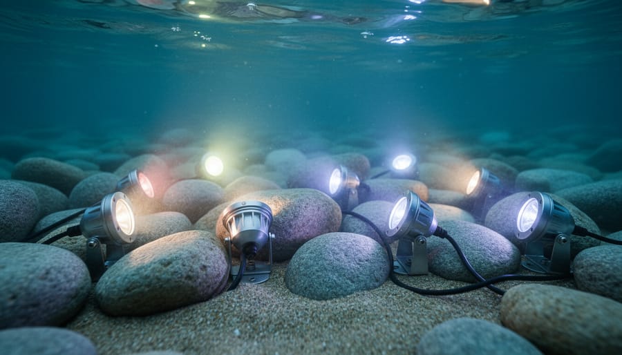 Submersible LED pond light fixture positioned underwater among river rocks