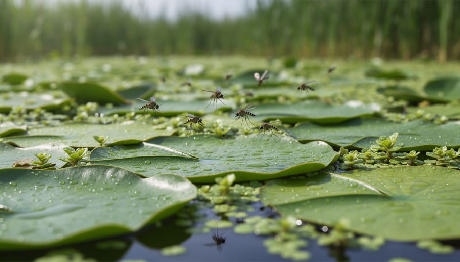 Overhead view of pond covered with water lily pads and lotus flowers