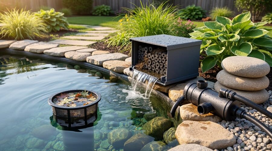 Backyard pond with a surface skimmer collecting leaves, a waterfall biofilter showing ceramic media, and an inline UV clarifier canister on the hose beside natural stones, with clear water and softly blurred garden plants in the background.