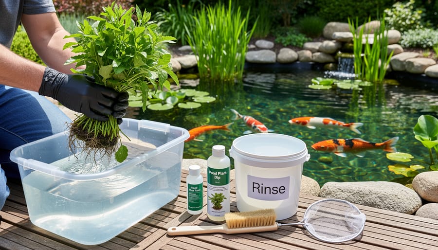 Gardener treating new aquatic plants in cleaning solution before pond introduction