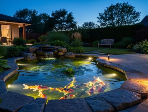 Twilight view of a backyard koi pond illuminated by warm LED path lights and underwater spotlights, revealing koi beneath lily pads, rippling reflections, and textured rocks, with a softly blurred patio, trees, and garden bench in the background.