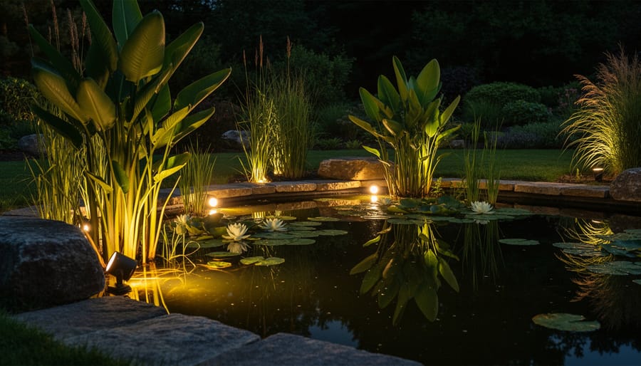 Ornamental pond plants illuminated with uplighting at twilight creating dramatic effects