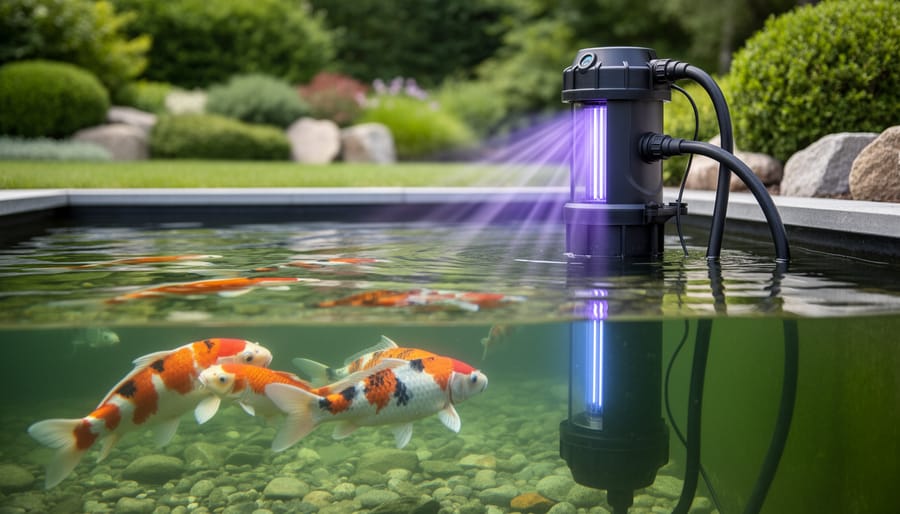 UV clarifier unit installed on pond filtration system with visible water flow