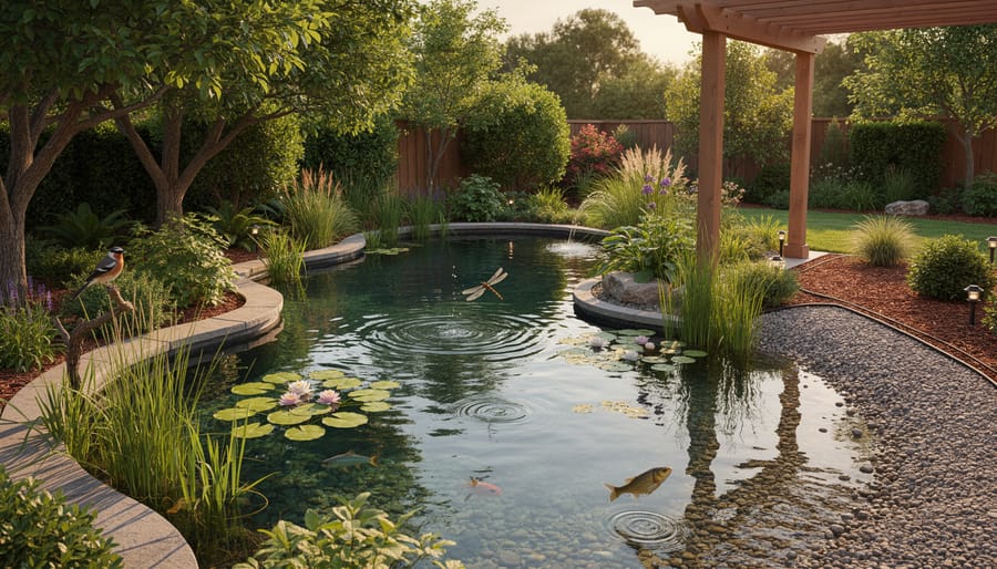 Established water garden pond with marginal plants, lily pads, and natural shade creating wildlife habitat