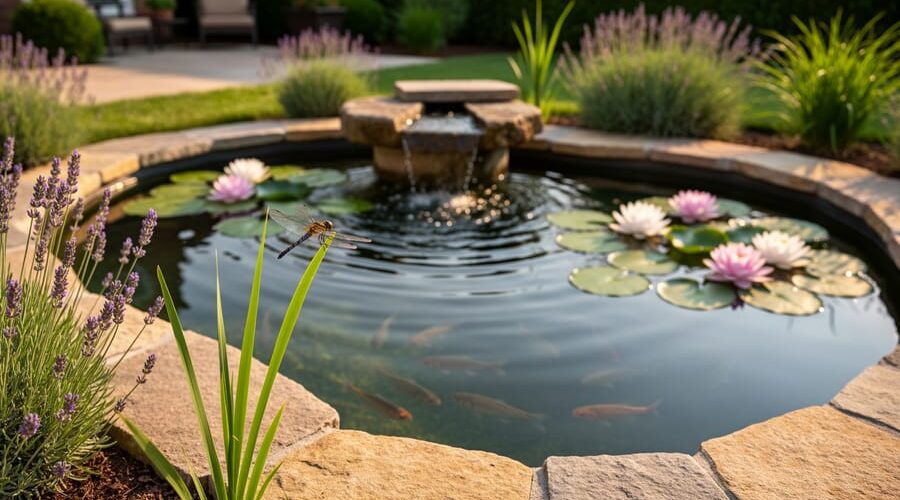Stone-edged backyard pond with a small fountain creating ripples, a dragonfly perched on a reed in the foreground, mosquito-eating fish visible beneath clear water, and water lilies, lavender, and lemongrass around the edges in warm golden hour light, with a softly blurred patio and shrubs behind