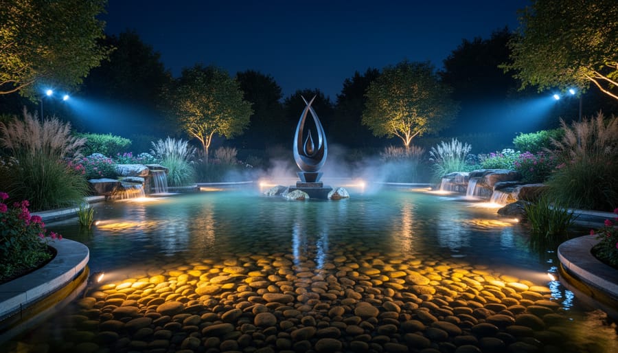 Illuminated water garden at night with colorful underwater lights and spotlit sculptures