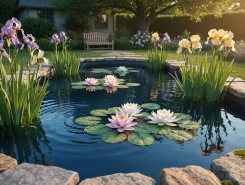 Backyard pond at golden hour with water lilies, purple irises, and stone edging, reflecting surrounding greenery and a soft-focus cottage garden with a bench in the background.