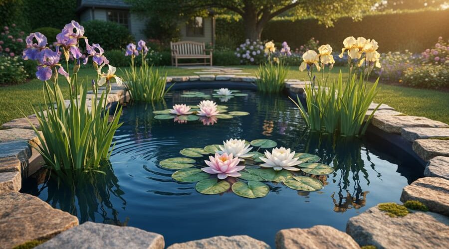 Backyard pond at golden hour with water lilies, purple irises, and stone edging, reflecting surrounding greenery and a soft-focus cottage garden with a bench in the background.